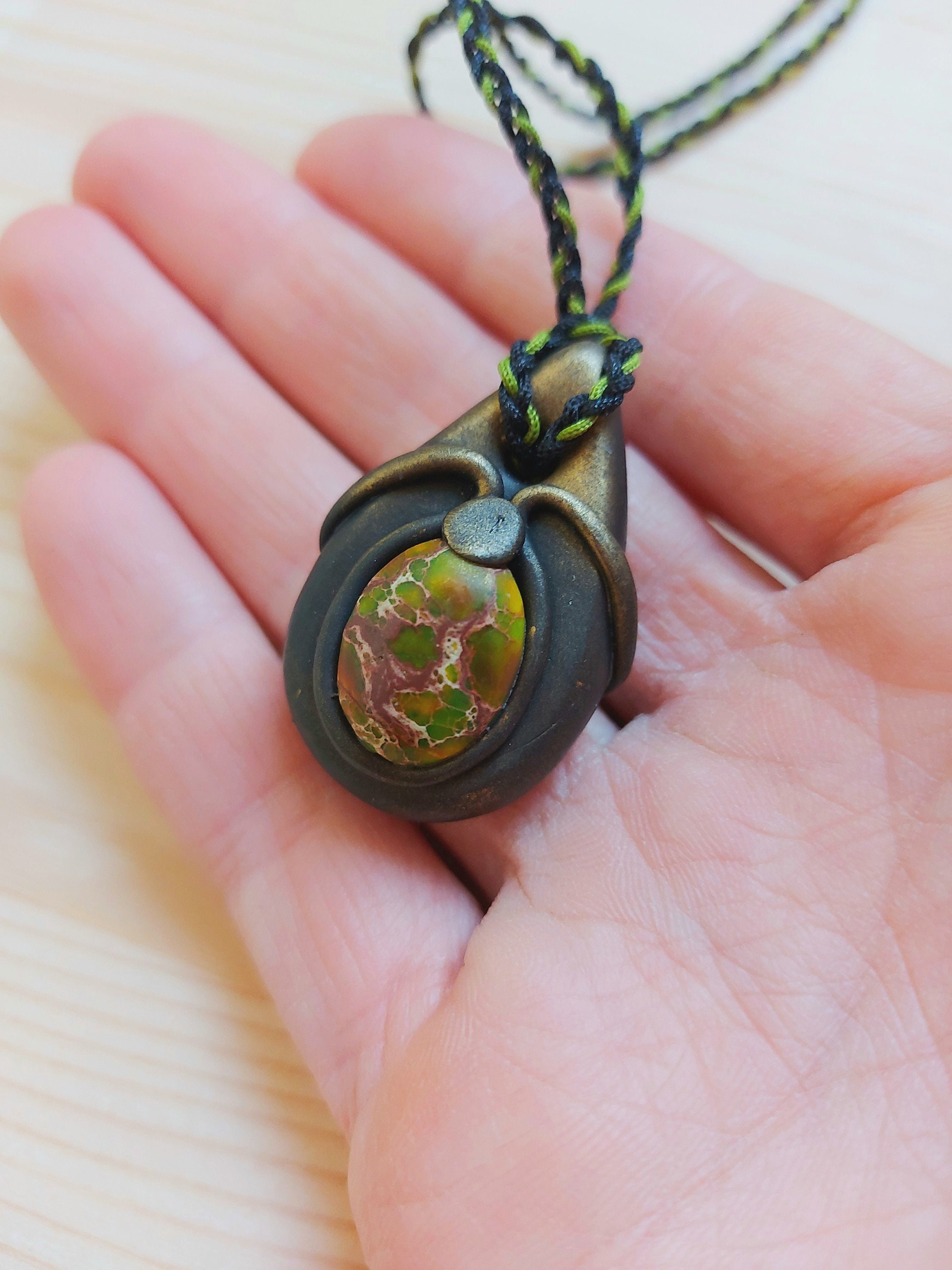 Gemstone polymer clay pendant Crystal handmade jewelry Macrame Etsy