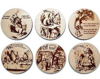 Alice in Wonderland waterproof wooden coasters, set of 6 handmade, engraved with illustrations from the book by Lewis Carroll, with case.