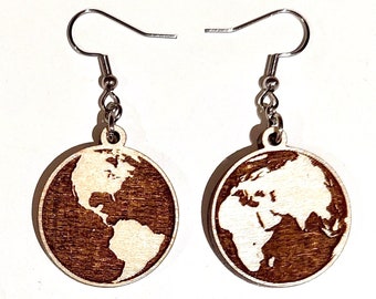 Planet Earth wooden earrings, handmade original laser engraved design