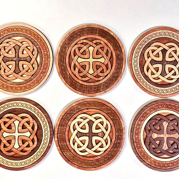 Irish knotwork waterproof wooden coasters, set of 6, Celtic heritage original inlaid openwork handmade with case, laser engraved and cut