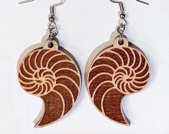 Nautilus shell wooden earrings, handmade original laser engraved design featuring golden ratio