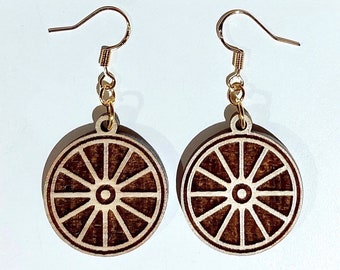 Cartwheel wooden earrings, handmade original rustic laser engraved design