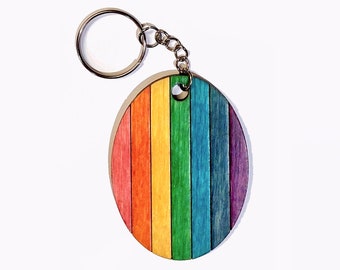 Rainbow flag hand-colored key chain fob or handbag charm, original handmade laser cut and engraved