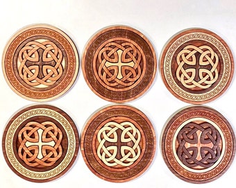 Irish knotwork waterproof wooden coasters, set of 6, Celtic heritage original inlaid openwork handmade with case, laser engraved and cut