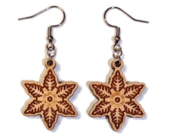 Snowflake wooden earrings, handmade original laser-engraved design based on actual snowflake photographed over 100 years ago