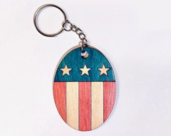 Stars and stripes American flag hand-colored key chain fob or handbag charm, original handmade laser cut and engraved