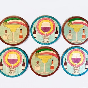 Wine and margarita waterproof wooden coasters, set of 6 handmade with case, original hand colored with homemade ink. In vino veritas fiesta!