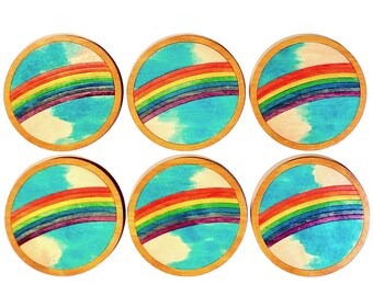 Rainbow sky waterproof wooden coasters, original set of 6 handmade with case, strong & long-lasting, laser cut, hand colored in homemade ink