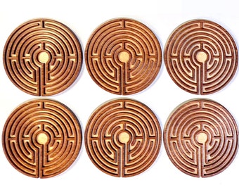 Labyrinth maze water proof wooden coasters, set of 6 handmade, inspired by medieval Christian meditation, original laser-cut with case.
