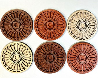 Gothic water proof wooden coasters, set of 6 handmade, rose window inspired with decorative case, laser cut original design