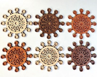 Rosette sunburst waterproof wooden coasters, set of 6 handmade with decorative case, laser cut original design