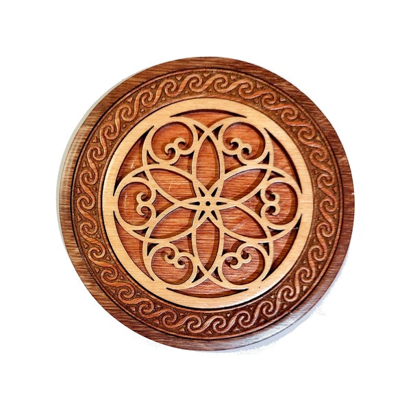 Rosette waterproof wooden coaster, original inlaid wood marquetry.  Combine orders & build your own custom set of 6 to get a free case.