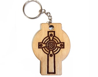 Celtic cross keyring fob. Original wooden handmade key chain fob or handbag charm, laser cut and engraved