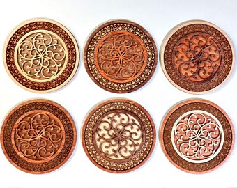 Rosette wooden waterproof coasters, set of 6 handmade, engraved arabesque inlaid openwork wood marquetry with case, laser cut original