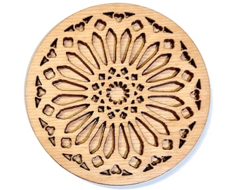 Gothic waterproof wooden coaster, cathedral rose window inspired, original design. Combine orders & build your own set of 6 for a free case.