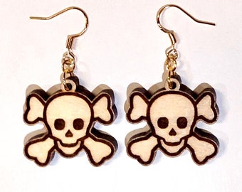 Skull and crossed bones wooden pirate earrings, handmade original laser engraved design