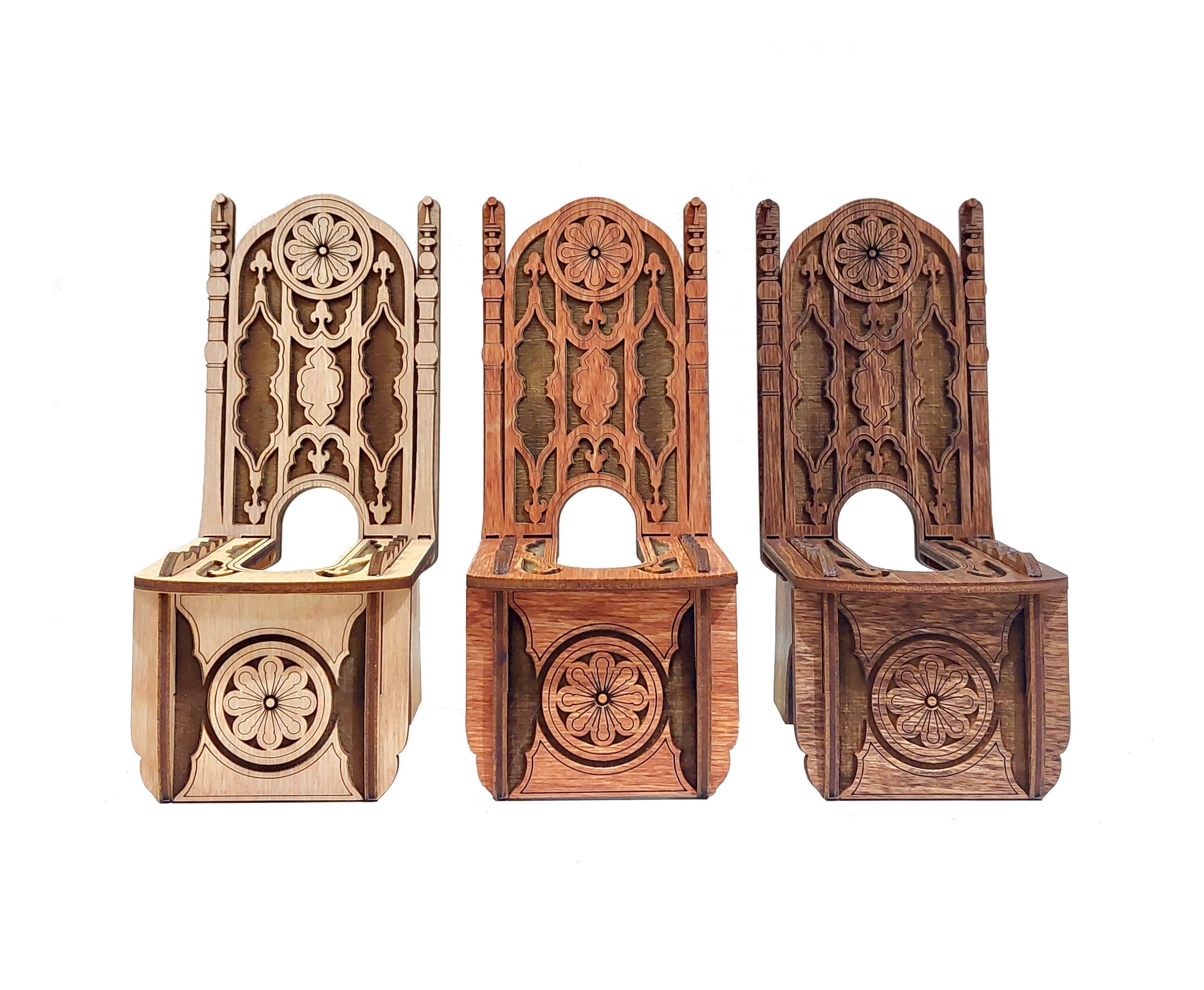 Phone Throne wood mobile phone stand, adjustible angle. Portable decorative cell phone holder & charging station cradle for home or office