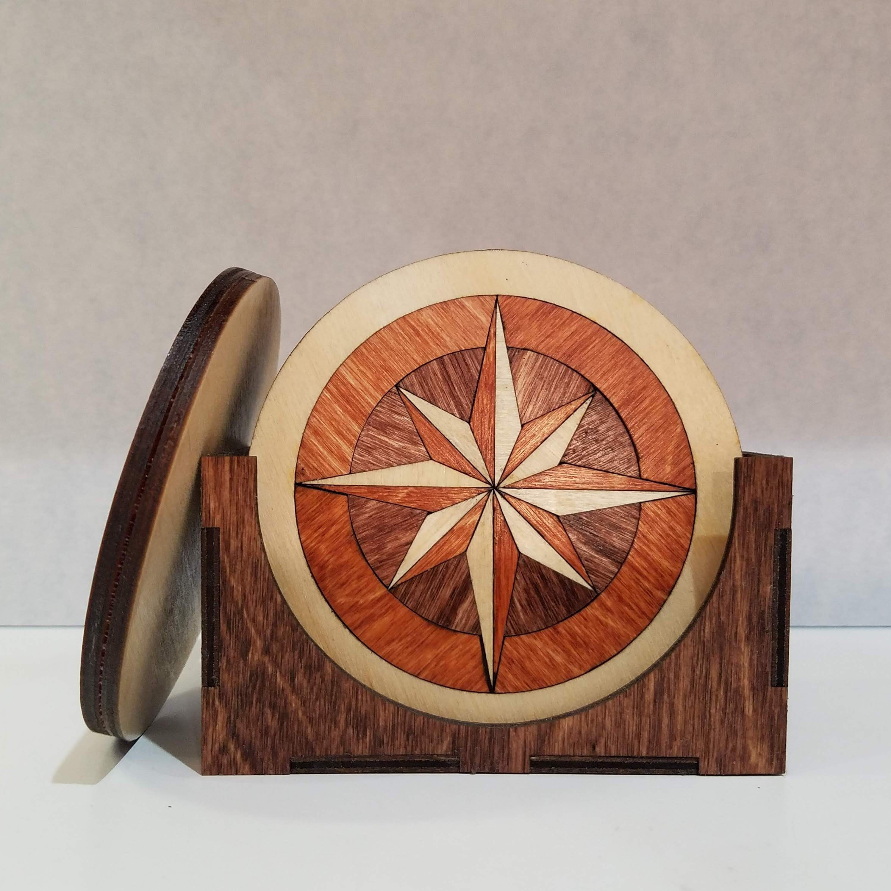 Coasters set of 6 handmade inlaid wood compass rose Etsy