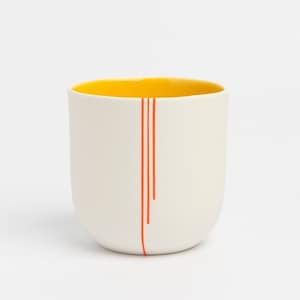 Modern Ceramic Coffee Mug: Orange Lines, Yellow Interior, Minimalist Kitchenware