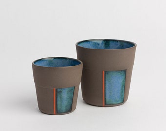 Modern Mug Set Blue Pottery Cups Stoneware Espresso Cup and Tumbler Housewarming Gift Mug Set Coffee Lovers Gift, Artisan Cup Set