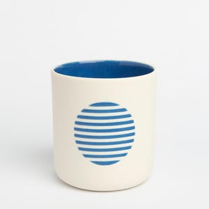 Ready to Ship – Handmade Porcelain Cup Modern Blue and White Tumbler Striped Minimalist Design Ceramic Tea or Coffee Cup Gift for Him or Her
