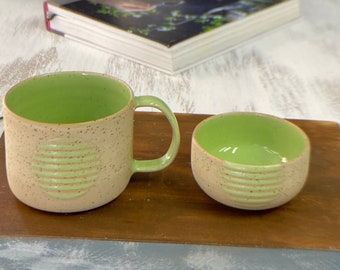 Speckled Ceramic Mug with a Bowl Green Pottery Tea Cup with Bowl