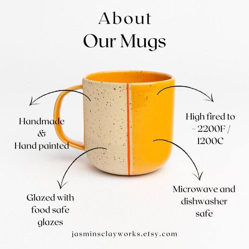 May include: A handmade ceramic mug with a speckled beige and yellow glaze. The mug is high fired to 2200F/1200C and is microwave and dishwasher safe.