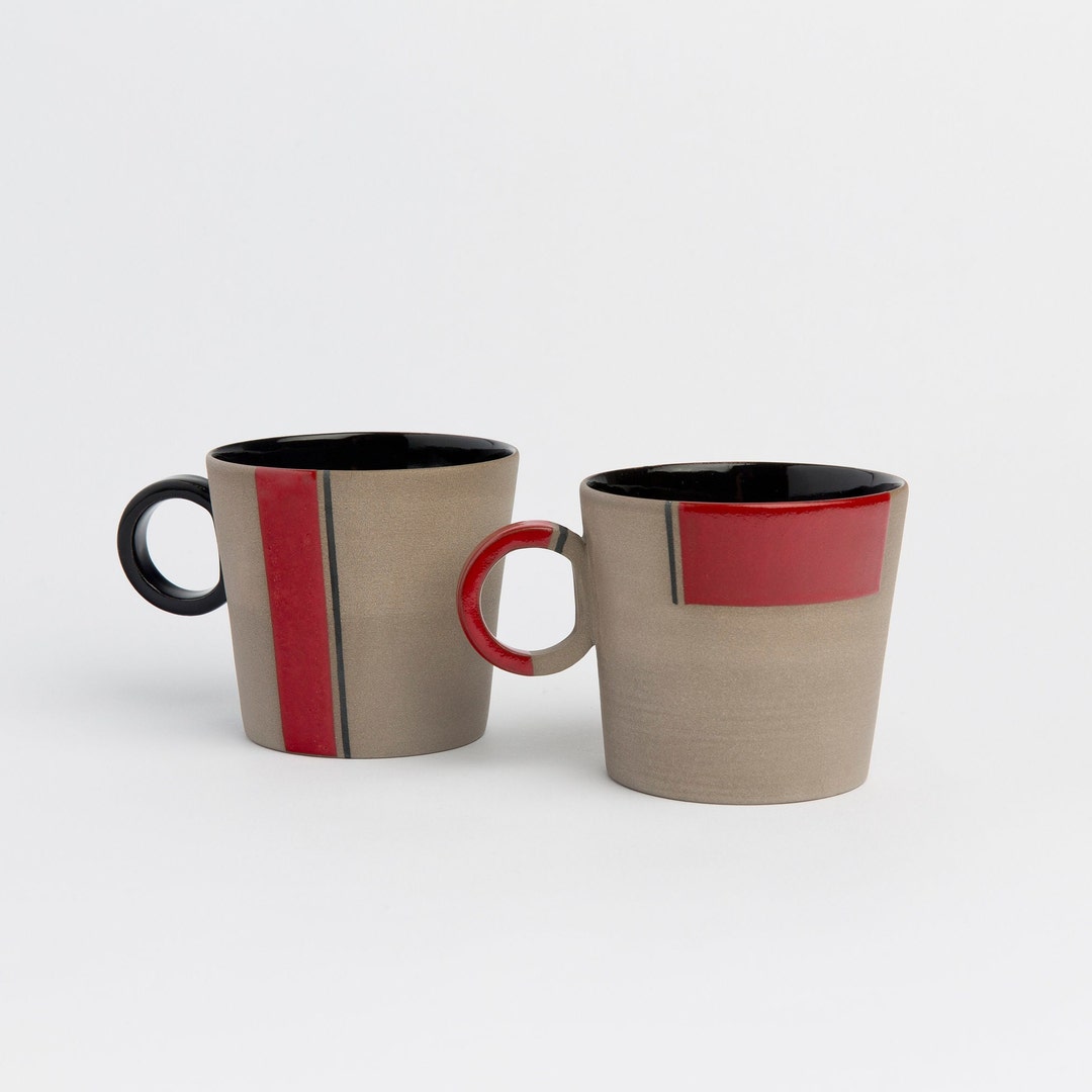 Red Handmade Stoneware Mug Set, Red Contemporary Pottery Mug Set, Ceramic Mug Handmade, Red