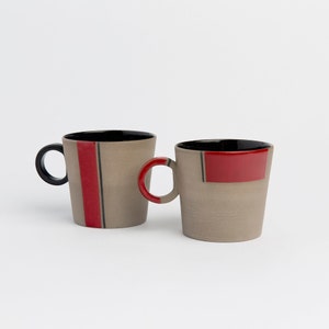 Red Handmade Stoneware Mug Set - Contemporary Pottery Mug Set Ceramic Red and Black Cups Unique Artisan Drinkware Gift for Coffee Lovers