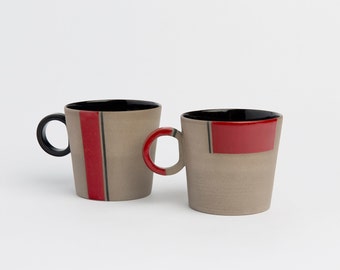 Red Handmade Stoneware Mug Set Red Contemporary Pottery Mug Set Ceramic Mug Handmade Red Black Cups