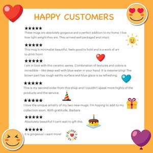 May include: Customer reviews for ceramic mugs. The text reads "Happy Customers" and includes five-star ratings and positive comments about the mugs. The comments mention the mugs' beauty, weight, and craftsmanship.
