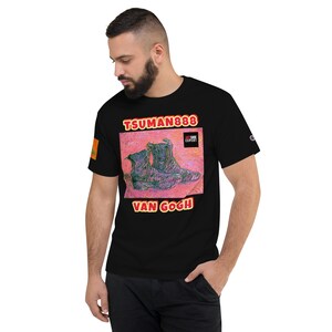 May include: Black t-shirt with a graphic of a pair of boots in a pink and green color scheme. The graphic is titled "Van Gogh" and has the text "TSUMAN888" above it. The text "ART SHOE EXPERT" is in a small box in the upper right corner of the graphic.