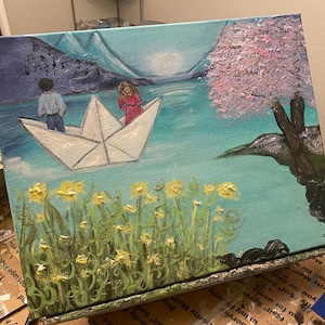 Whimsical Textured Painting: Colorful Paper Boat Artwork