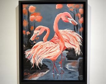 油絵 オリジナル手描きアート - 恋するフラミンゴ - Etsy 日本