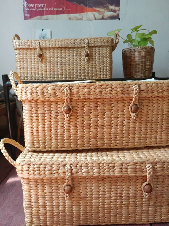 12" Rectangular Buff Woven Wicker Lidded Storage Picnic Hamper Basket Box Gift 