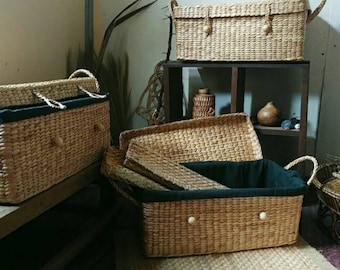 Rectangular woven water hyacinth storage basket with lid & handle / picnic basket / autumn home decor