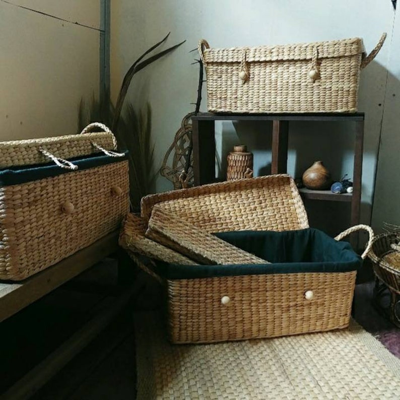 Rectangular Woven Water Hyacinth Storage Basket With Lid & Etsy