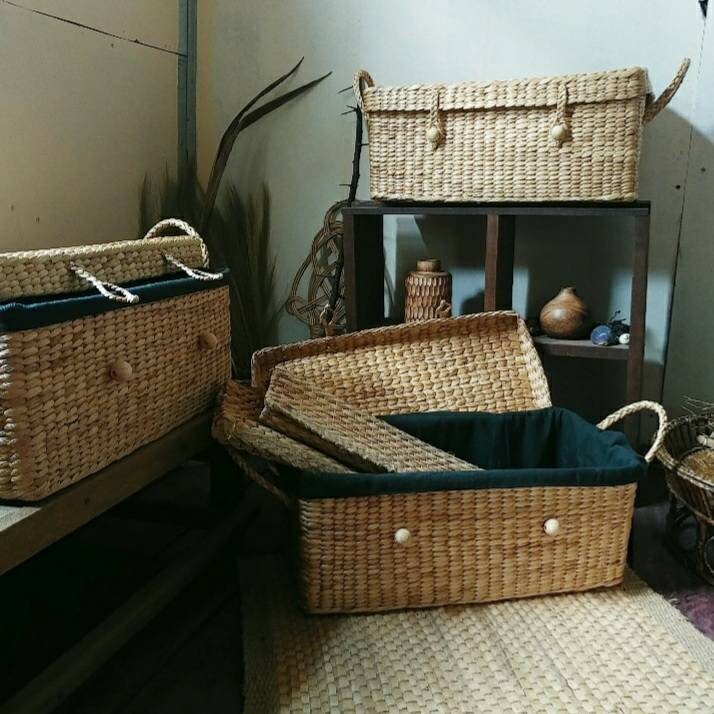 Rectangular Woven Water Hyacinth Storage Basket With Lid & Etsy