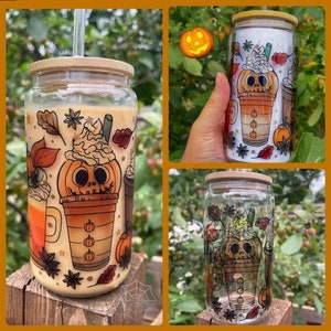 16oz Glass can- Fall Halloween Pumpkin drinks, Libbey glass, gifts for her, autumn fall glass can, glass can with bamboo lid