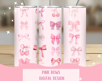 Pink Bows 20oz Tumbler Digital Design, PNGs for Tumblers, Sublimation tumbler wrap, bows, ribbons, cute bows, pink ribbon, digital download