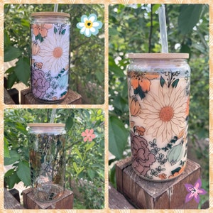 16oz Glass can- Daisies and wildflowers, Libbey glass, gifts for her, floral glass can, glass can with bamboo lid