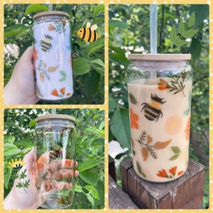 16oz Glass Cans- Bees and Flowers, gifts for her, glass can, honeybee cup, bee tumbler, Libbey can, tumblers, gifts