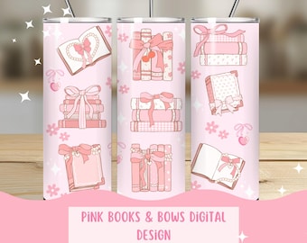 Pink Books and Bows 20oz Tumbler Digital Design, PNGs for Tumblers, Sublimation tumbler wrap, bookish png, books and bows, digital download