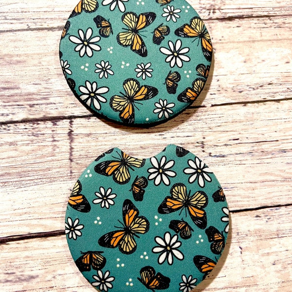 Monarch Butterfly and Daisy Car coasters, car accessories, coasters, gifts for her, gifts for him, cute car decor, standard car coaster,teal