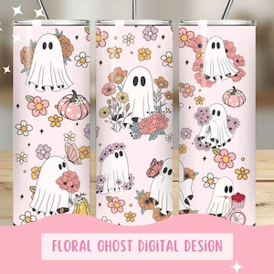 Floral Ghost 20oz Tumbler Digital Design, PNGs for Tumblers, Sublimation tumbler wrap, ghosts png, flowers and ghosts, digital download