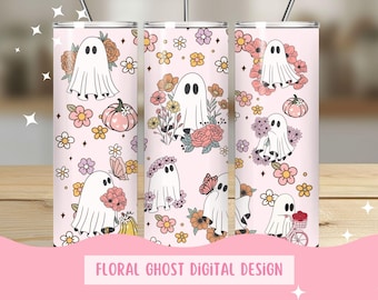Floral Ghost 20oz Tumbler Digital Design, PNGs for Tumblers, Sublimation tumbler wrap, ghosts png, flowers and ghosts, digital download