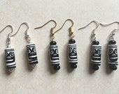 Drop earring black and white, hand painted Peruvian ceramic bead with agate, handmade, face