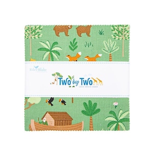 May include: A stack of green fabric squares with a repeating pattern of brown bears, orange foxes, and palm trees. The fabric is wrapped with a white band that reads "Two by Two" in blue and green text. The fabric is from Riley Blake Designs.