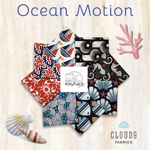Ocean Motion | 8-Piece Bundle | Organic Cotton Fabric | Cloud9 | Fish Coral Seahorses Crabs Seagulls Boats Shells | Modern Quilting Sewing