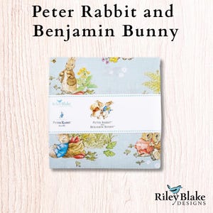 May include: A square stack of fabric squares featuring a light blue background with illustrations of Peter Rabbit and Benjamin Bunny. A white paper band wraps around the center, displaying the Riley Blake Designs logo and the text Peter Rabbit and Benjamin Bunny.